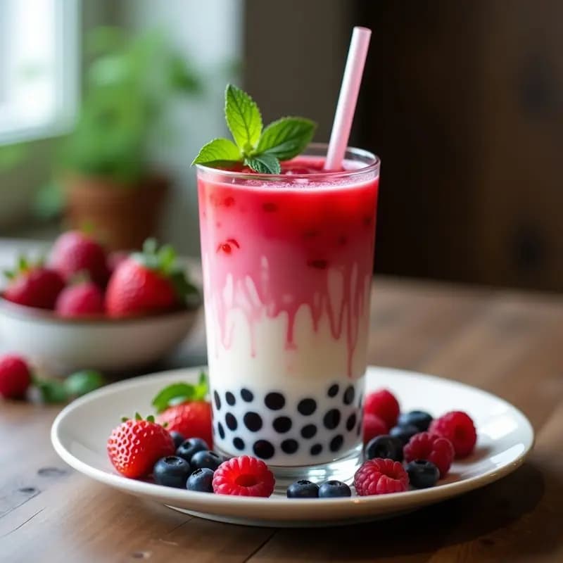 Vaso alto transparente con té de bubble taiwanés, perlas de tapioca oscuras en el fondo, leche de avena cremosa, puré de frutos rojos rojizo y decoración de fresas, arándanos y hojas de menta. Bebida refrescante sin lácteos.