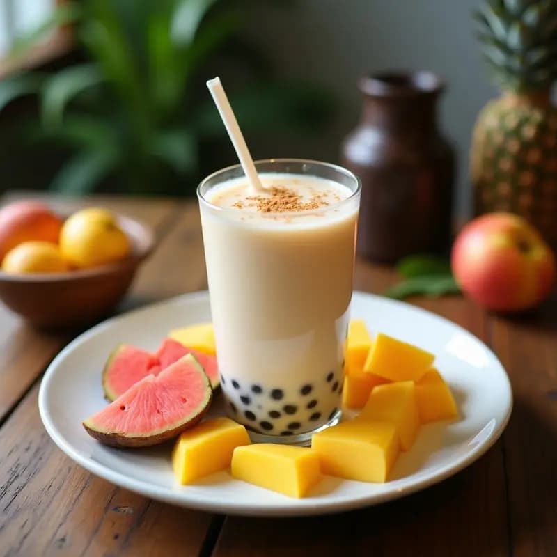 Vaso alto transparente con té bubble taiwanés vegano, relleno de leche de coco cremosa, perlas de tapioca negras, rodajas de piña fresca y semillas de chía, decorado con una pajita ancha y una rodaja de piña en el borde. Fondos borrosos de frutas tropicales y hojas verdes.