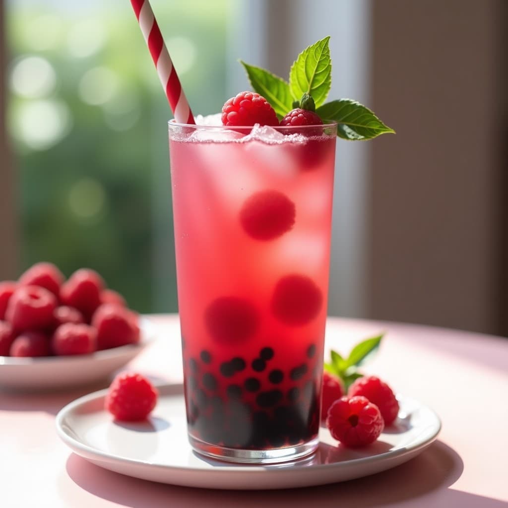 Vaso alto transparente con té de burbujas de frambuesa y albahaca vegano sin azúcar, llenos de perlas de tapioca negras, decorado con frambuesas frescas y hojas de albahaca, con pajita ancha sobre fondo claro.