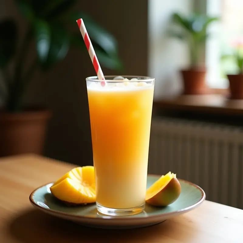 Vaso alto transparente con té de burbujas taiwanés: capas de perlas de tapioca negras en el fondo, líquido cremoso color ámbar con burbujas, cubos de mango fresco y hielo. Pajita ancha negro. Fondo borroso con hojas de menta y rodajas de limón.