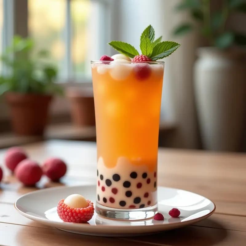 Vaso alto transparente con té de burbujas de lichi y rosa, mostrando capas doradas de infusión, burbujas gelatinosas rosadas de lichi, semillas de chía negras y hielo triturado. Decorado con pétalos de rosa y rodajas de lichi fresco. Luz natural resaltando los colores y texturas.
