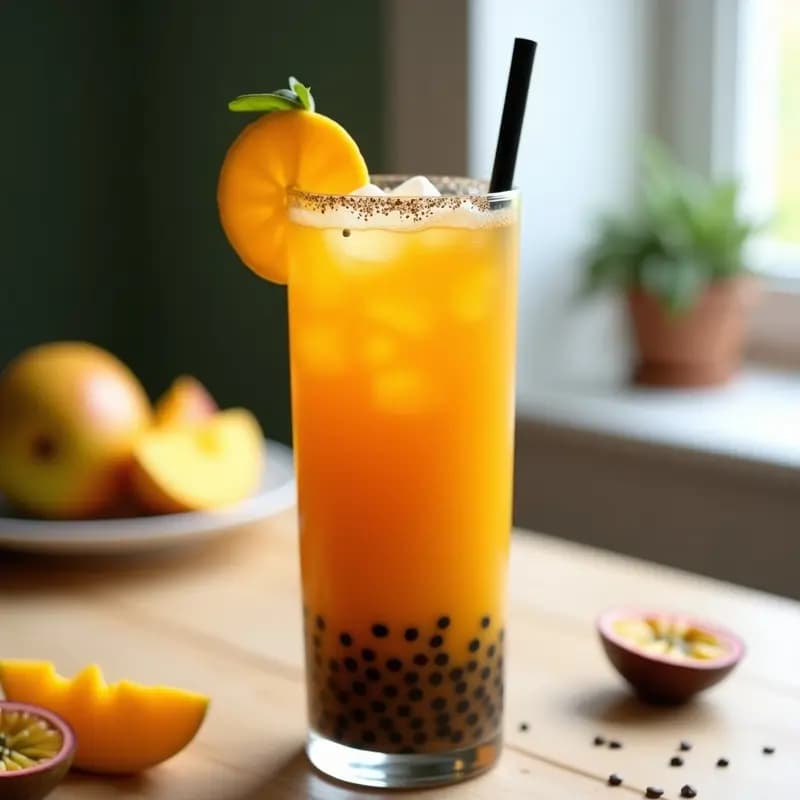 Vaso alto transparente con té de burbujas de mango y maracuyá con chía, capas amarillas y naranjas visibles, semillas de chía en suspensión, pajita ancha y hielo. Bebida taiwanesa fresca y colorida sobre fondo blanco con rodajas de mango y maracuyá como decoración.