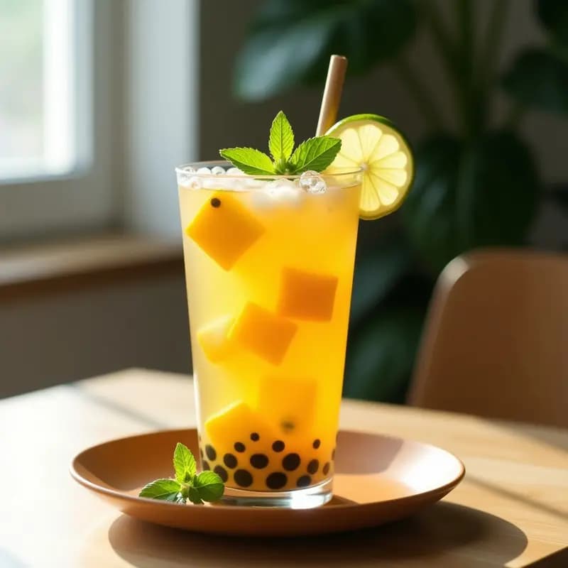 Vaso alto transparente con Té de Burbujas de Maracuyá y Jengibre, lleno de cubos dorados de gelée de maracuyá, semillas de chía hidratadas y burbujas. Fondos de hojas de menta y rodajas de limón, con pajita de bambú. Bebida taiwanesa refrescante y digestiva.