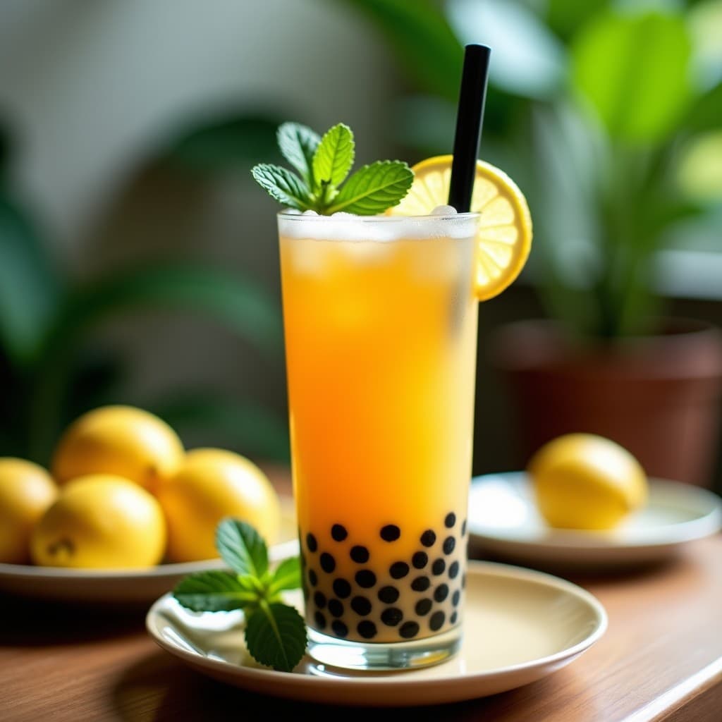 Vaso alto transparente con té de burbujas de maracuyá y limón sin azúcar, burbujas de maracuyá amarillas en el fondo, líquido dorado con gas, decorado con rodaja de limón y pajita ancha, fondo desenfocado con hielo y ingredientes frescos.
