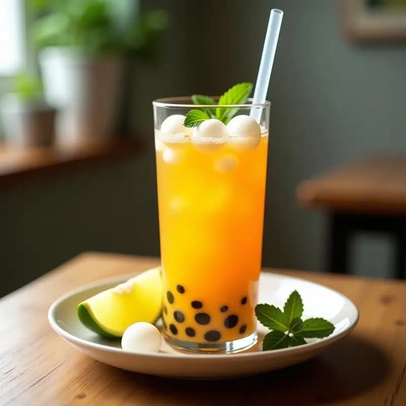 Vaso alto transparente con té de burbujas de maracuyá y mango con jengibre, lleno de burbujas de tapioca blancas, hielo y una pajita. Fondos de rodajas de limón y hojas de menta fresca sobre una mesa de madera rústica.