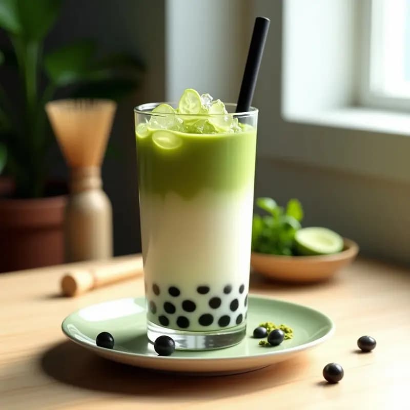 Vaso alto transparente con té de burbujas de matcha y leche de avena, mostrando capas de color verde esmeralda y blanco cremoso, bolas de tapioca negras en el fondo y una pajita ancha. Bebida taiwanesa energizante sin lácteos sobre una mesa de madera con hojas de matcha espolvoreadas.