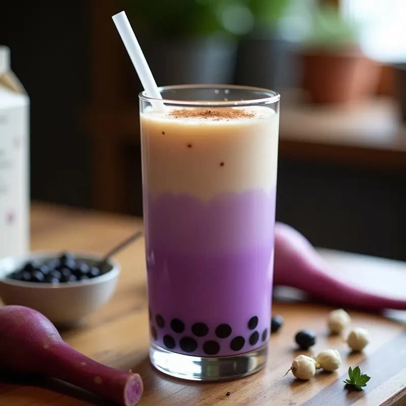 Vaso transparente con té de burbujas de taro y leche de avena, mostrando capas moradas y cremosas, perlas de tapioca negras en el fondo, pajita ancha y decoración con canela en polvo, sobre una mesa rústica con ingredientes al lado.