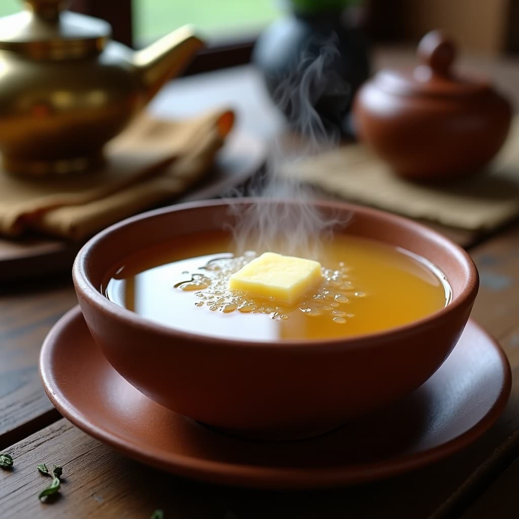 Tazón de barro humeante con té de butter tea tibetano, de color ámbar oscuro y textura cremosa, con gotas de mantequilla de yak derretida en la superficie. Fondo rústico con elementos tradicionales tibetanos.