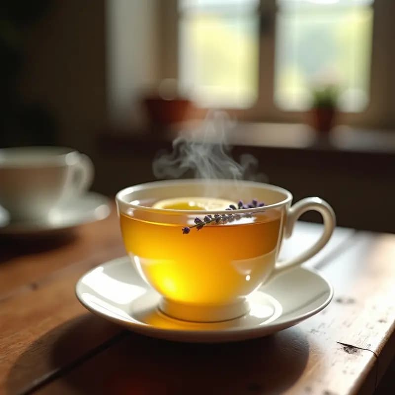 Taza de porcelana blanca con té de Buttercup y lavanda humeante, decorada con una rodaja de limón y pétalos de lavanda fresca sobre una mesa de madera rústica, infusión británica relajante y digestiva.