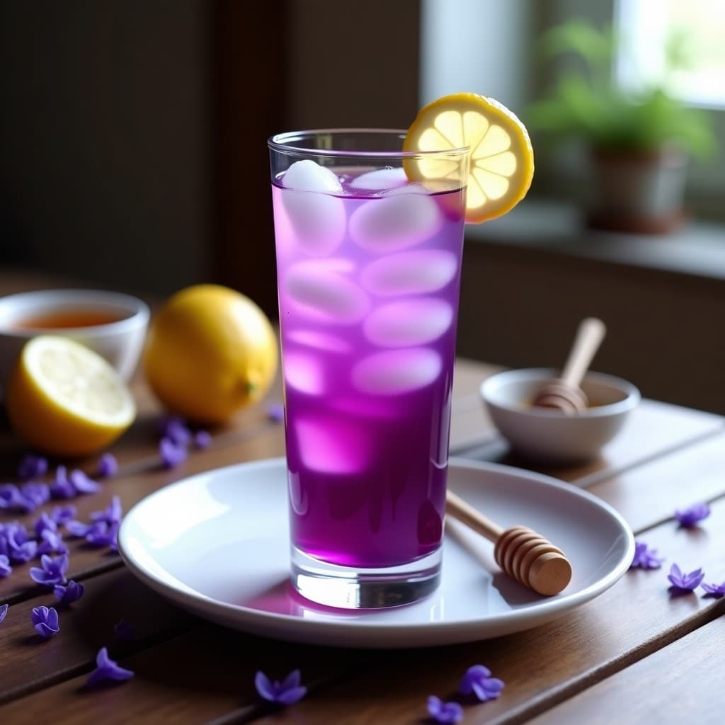 Vaso alto transparente con bebida de té de Butterfly Pea, color morado intenso por la reacción con limón, decorado con rodaja de limón y hielo. Fondo con pétalos de rosa y flores de Butterfly Pea secas.
