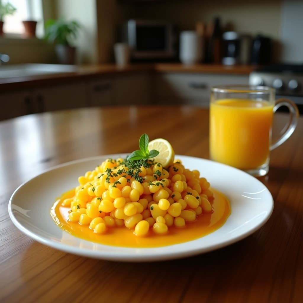 Vaso transparente con té ambarino de cáscara de mango y limón, decorado con rodajas de limón, hojas de menta y una paja de bambú, sobre una mesa de madera con cáscaras de mango al fondo.