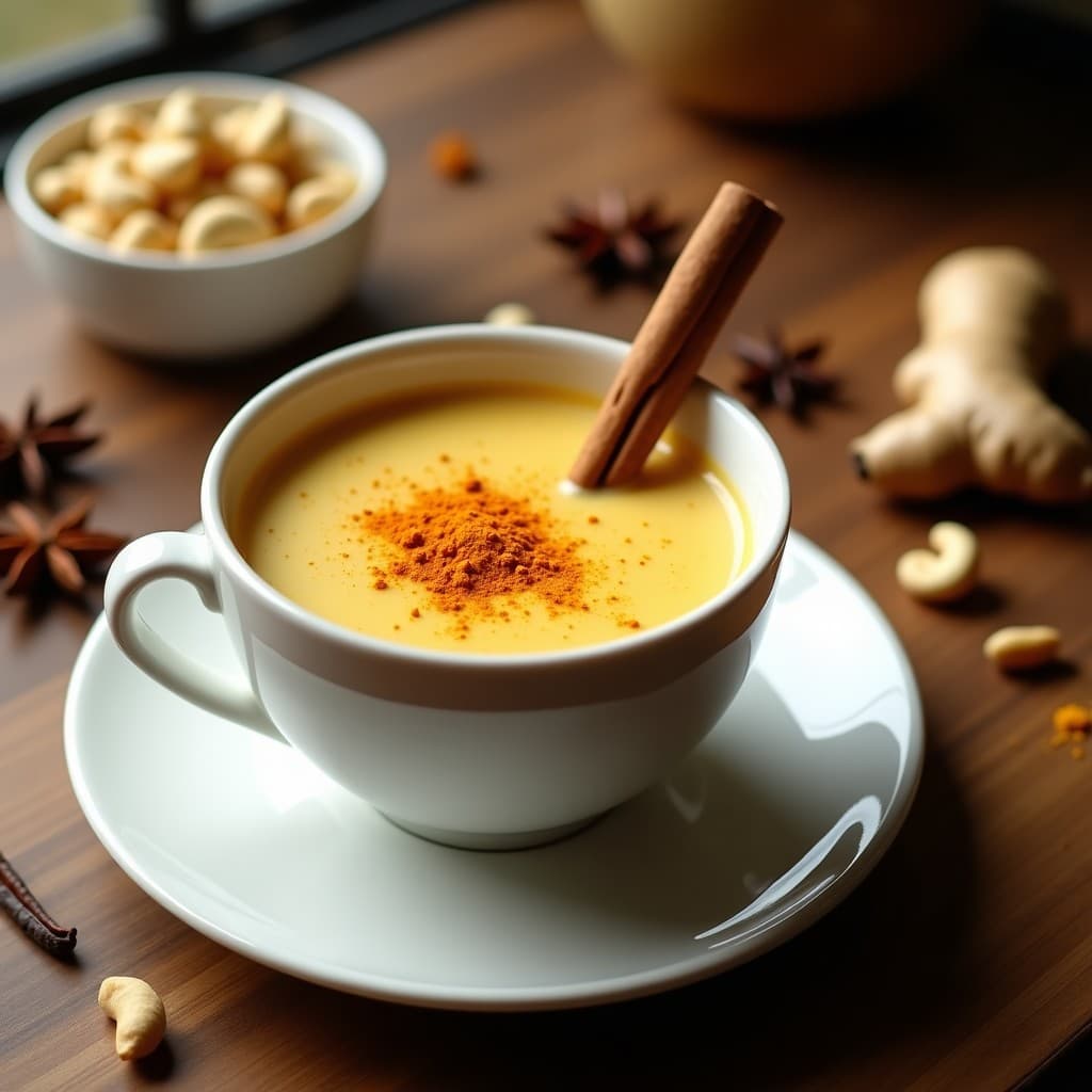 Taza de cerámica blanca humeante con té chai de cúrcuma y jengibre con leche de anacardos, decorada con una rodaja de cúrcuma fresca y una rama de canela, sobre una mesa de madera rústica con especias esparcidas al fondo.