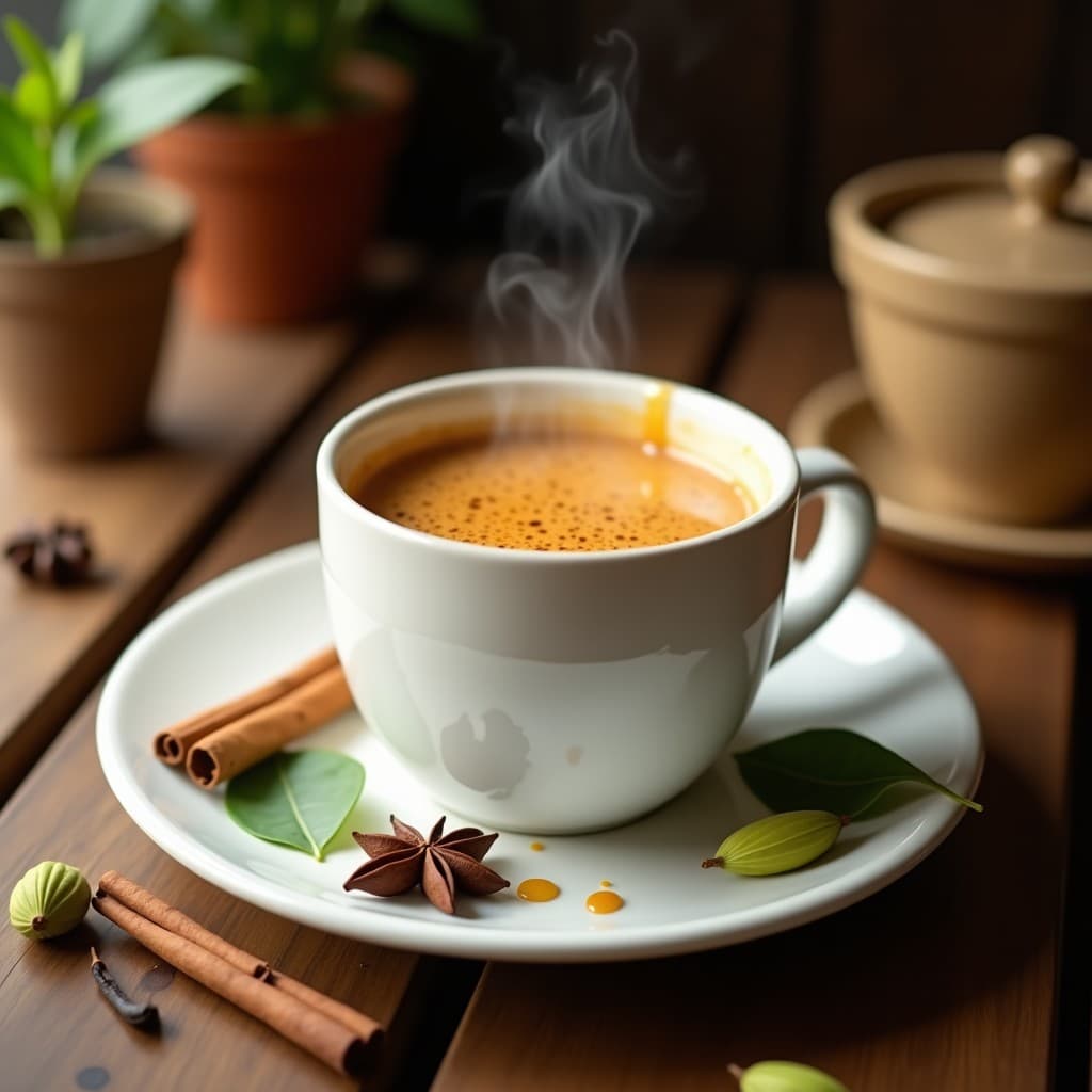 Taza de porcelana blanca con té chai dorado y espumoso, decorado con una rama de canela y hojas de cedrón frescas. Al fondo, especias enteras como cardamomo y clavos de olor sobre una mesa de madera rústica. Bebida reconfortante sin cafeína con hierbas andinas y miel de abeja.