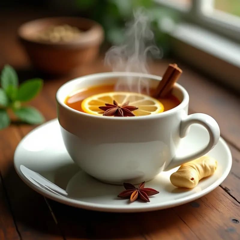 Taza de cerámica blanca humeante con té chai dorado, espolvoreado con canela en polvo, acompañada de una rama de canela, rodajas de jengibre fresco y vainas de cardamomo sobre una mesa de madera rústica.