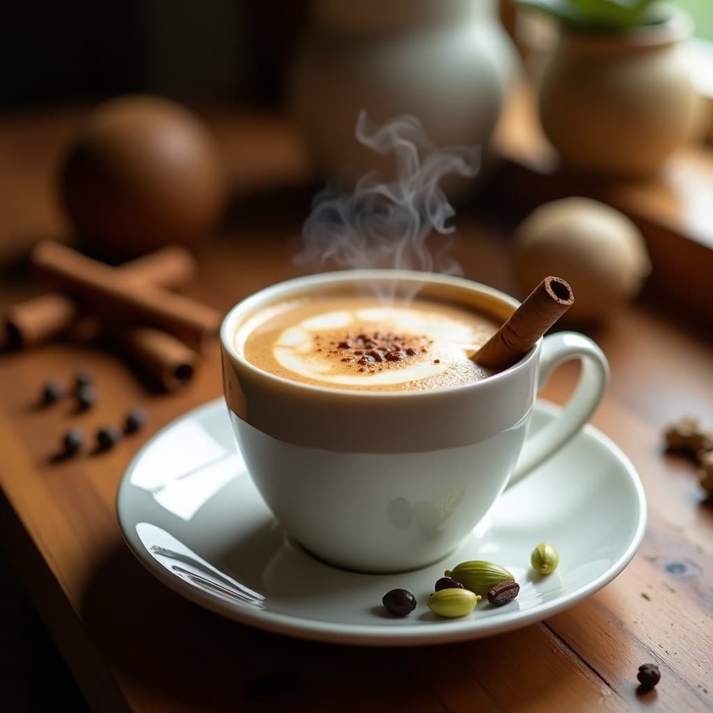 Taza de porcelana blanca con té chai latte con especias indias, espuma de leche de coco, decorada con una rama de canela y semillas de cardamomo, sobre una mesa de madera rústica con especias al fondo.