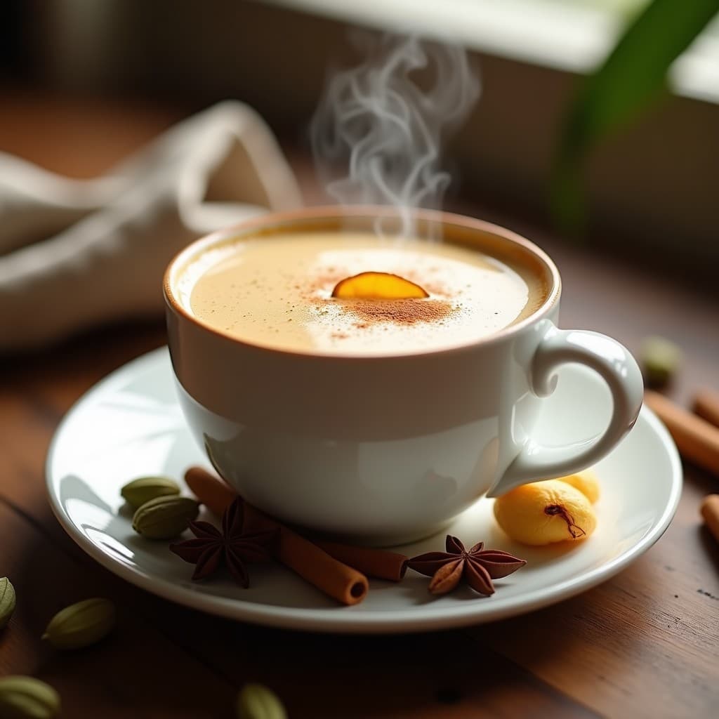 Taza de cerámica blanca con Té Chai Latte con Especias y Leche de Avena, espuma cremosa en la superficie, decorada con una pizca de canela en polvo y una rodaja de jengibre fresco. Fondo con especias enteras: vainas de cardamomo, anís estrellado y canela en rama.