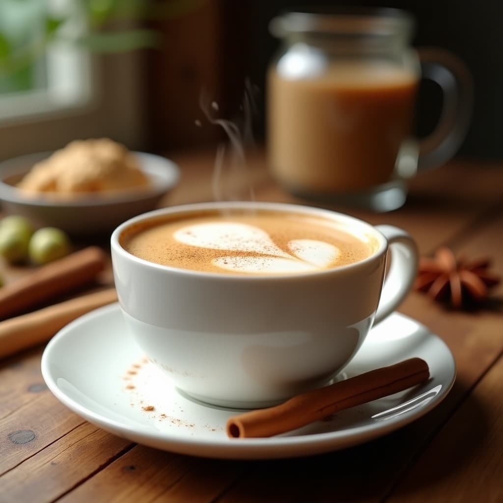 Taza de porcelana blanca con té chai latte espumoso de leche de avena, decorado con canela en polvo y una ramita de canela al lado. Fondo con especias enteras: cardamomo, clavo y anís estrellado.