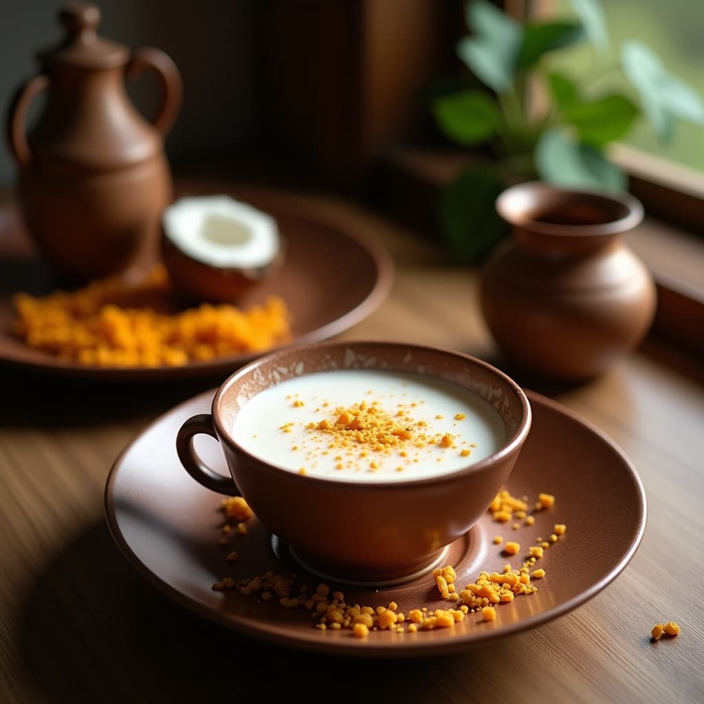 Taza de porcelana blanca humeante con té chai dorado y leche de coco, espolvoreado con cúrcuma y canela, sobre una mesa de madera rústica con especias enteras (cardamomo, clavo, anís estrellado) y una rama de canela al lado. Receta antiinflamatoria india tradicional.