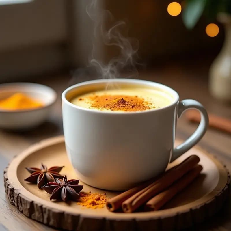 Taza de porcelana blanca con té chai espiciado humeante, servido con leche de avena y vainilla, decorado con una ramita de canela y semillas de cardamomo alrededor, sobre una mesa rústica de madera con un paño de lino beige.