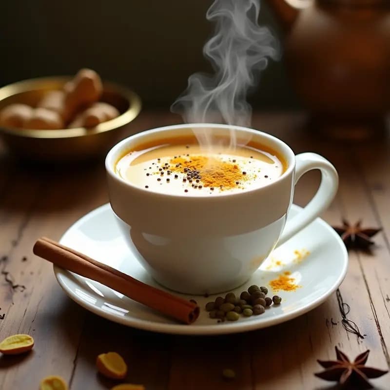 Taza de cerámica blanca humeante con té chai masala de color ámbar intenso, servido con leche de avena cremosa. Alrededor, especias enteras como cardamomo, clavo y canela, y una ramita de canela sumergida parcialmente en la bebida. Fondo desenfocado con textura de madera rústica y luz cálida.