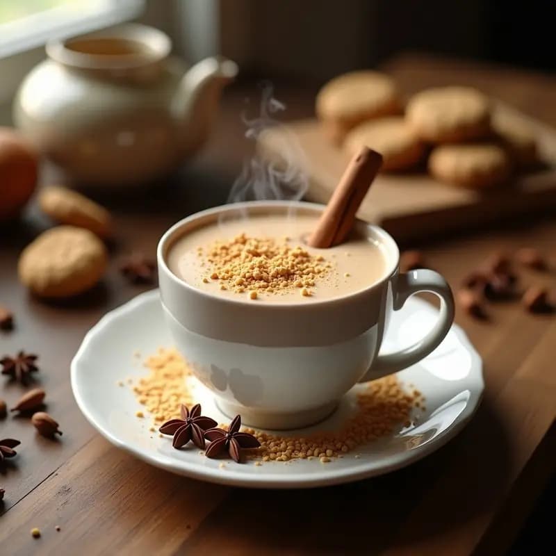 Taza de porcelana blanca con té chai humeante, especias chai y trozos de galleta speculoos flotando, servido en una bandeja de madera con galletas speculoos enteras y una rama de canela al lado. Bebida india calentita y sin cafeína con leche de avena.