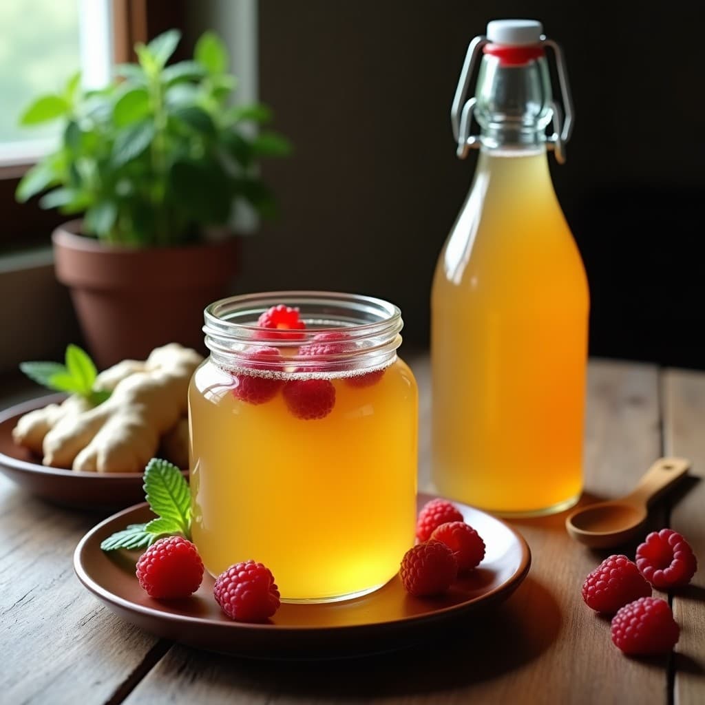 Jarra de vidrio transparente llena de té de kombucha dorado con trozos de jengibre fresco y frambuesas flotando, acompañada de una botella de vidrio oscuro con la bebida probiótica fermentada, sobre una mesa de madera rústica con hierbas frescas.