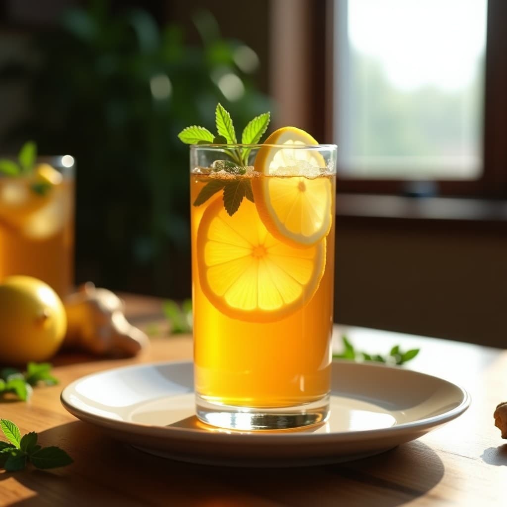 Vaso alto de cristal con té frío de guayusa de color ámbar claro, decorado con rodajas de limón, hielo transparente y una rama de menta fresca. Fondo de mesa de madera rústica con hojas de guayusa secas y jengibre fresco al lado.