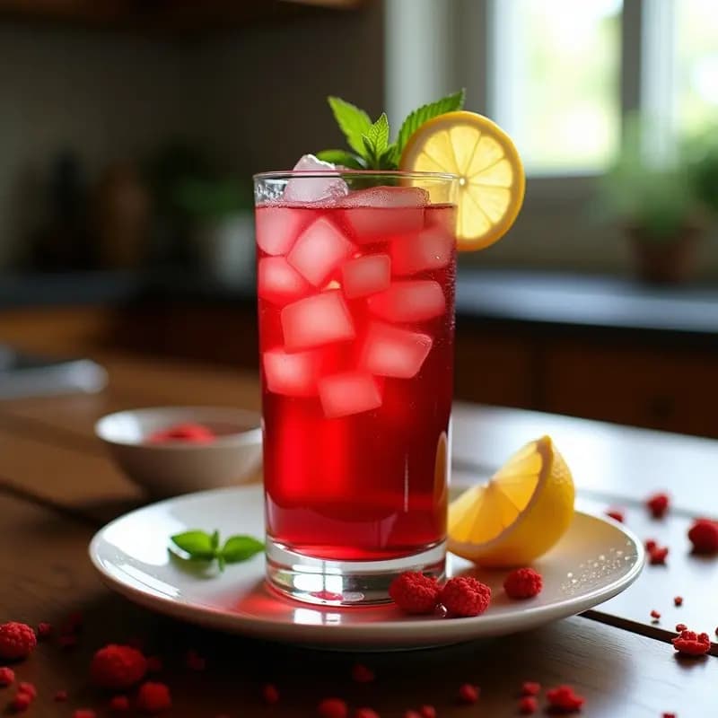 Vaso alto transparente con té frío de hibisco y ginseng coreano, de color rojo intenso, decorado con hojas de menta fresca y rodajas de limón, con hielo y fondo borroso de cocina moderna.