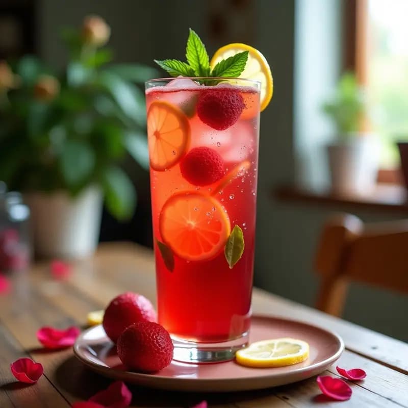 Vaso alto transparente con té frío de hibisco de color rojo intenso, decorado con rodajas de limón, lichis enteros y hojas de menta fresca, sobre una mesa rústica con fondo desenfocado.