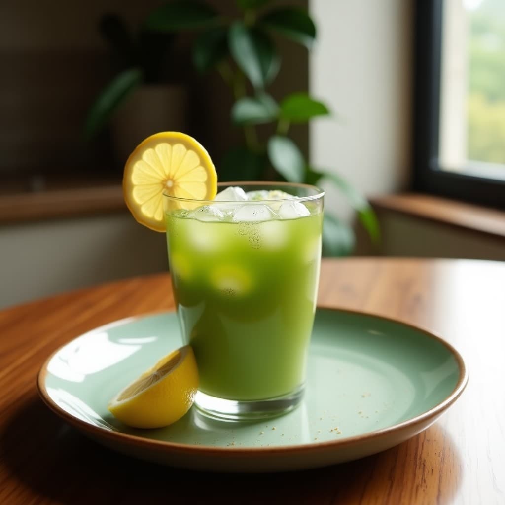 Vaso alto transparente con té frío de matcha y limón, burbujas de agua de coco, hielo picado, rodajas de limón y hojas de menta fresca, servido sobre una mesa de madera con fondo borroso.