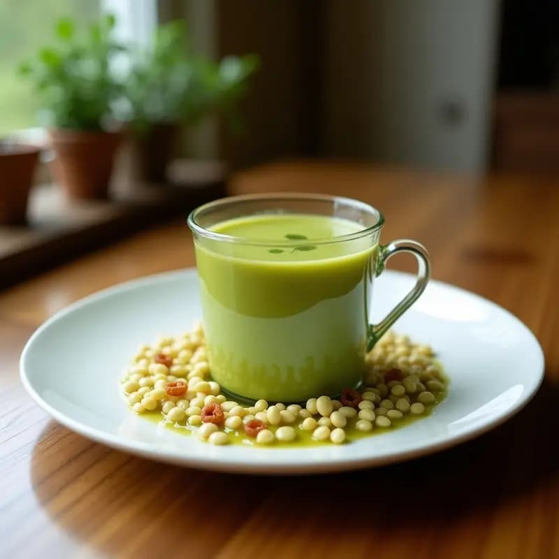 Vaso alto transparente con té frío de matcha y limón, de color verde vibrante con semillas de hemp flotando, hielo en cubos, rodaja de limón amarillo y hojas de menta fresca en el borde. Bebida detox y energizante servida sobre una mesa de madera con luz natural.