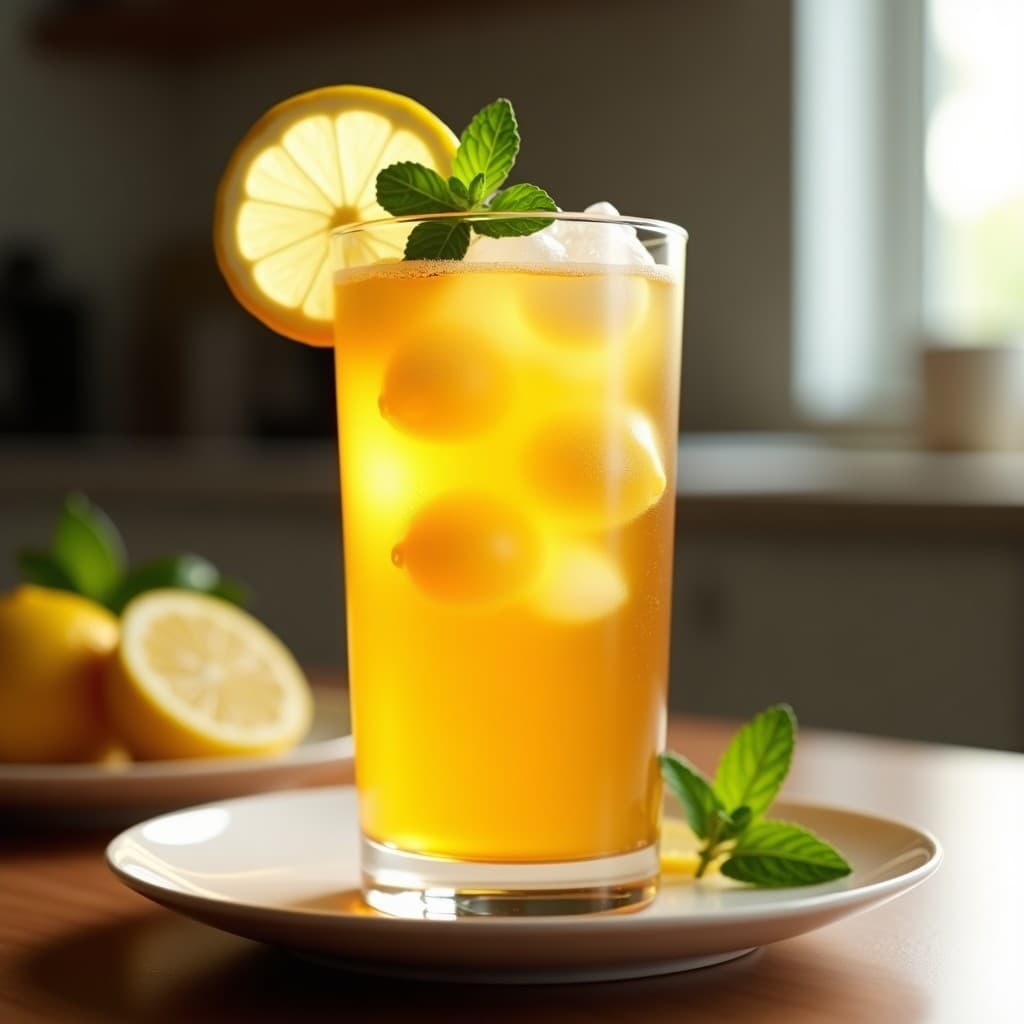 Vaso alto transparente con té glacial de yerba mate y maracuyá, burbujas de limón esferificadas flotando, decorado con hielo, rodaja de limón y hoja de menta, fondo borroso de cocina moderna.