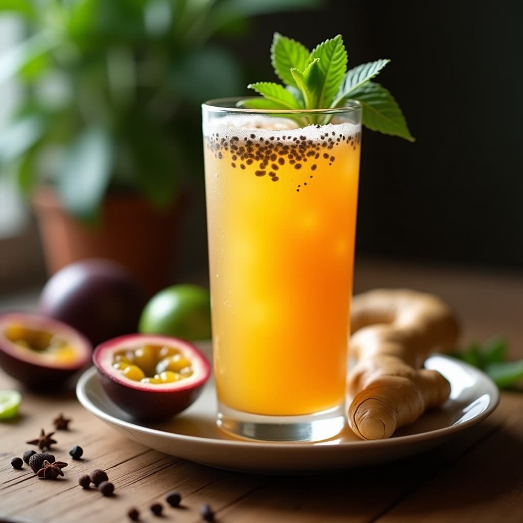 Vaso alto de cristal con té glaseado de maracuyá y jengibre con hierarchical clove, decorado con semillas de chía y hojas de menta fresca, sobre una mesa rústica de madera con rodajas de limón verde y clavos de olor al lado.