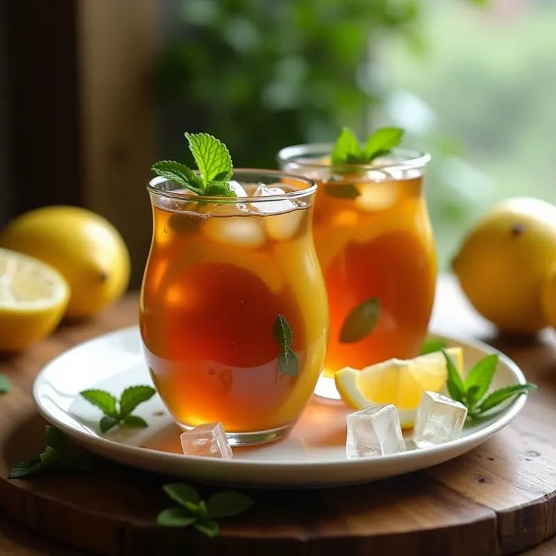Guayabas frescas cortadas por la mitad y rellenas de té negro frío con hojas de hierbabuena, servidas sobre una mesa de madera con hielo y rodajas de limón al lado. Bebida colombiana refrescante y sin azúcar.
