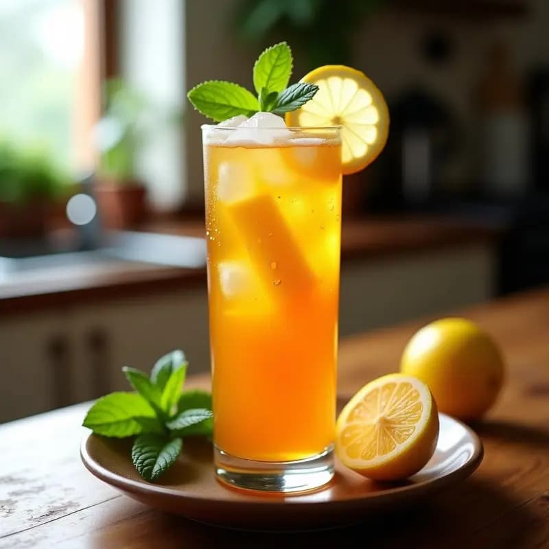 Vaso alto de cristal con té helado de baobab y limón con jengibre, decorado con hojas de menta y rodajas de limón, sobre una mesa rústica de madera con hielo y un fondo desenfocado.