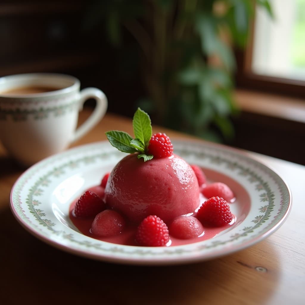 Vaso alto transparente con té helado de frutos rojos, jengibre y menta, decorado con frutos rojos frescos, rodajas de limón y hojas de menta, sobre una mesa de madera con fondo borroso.