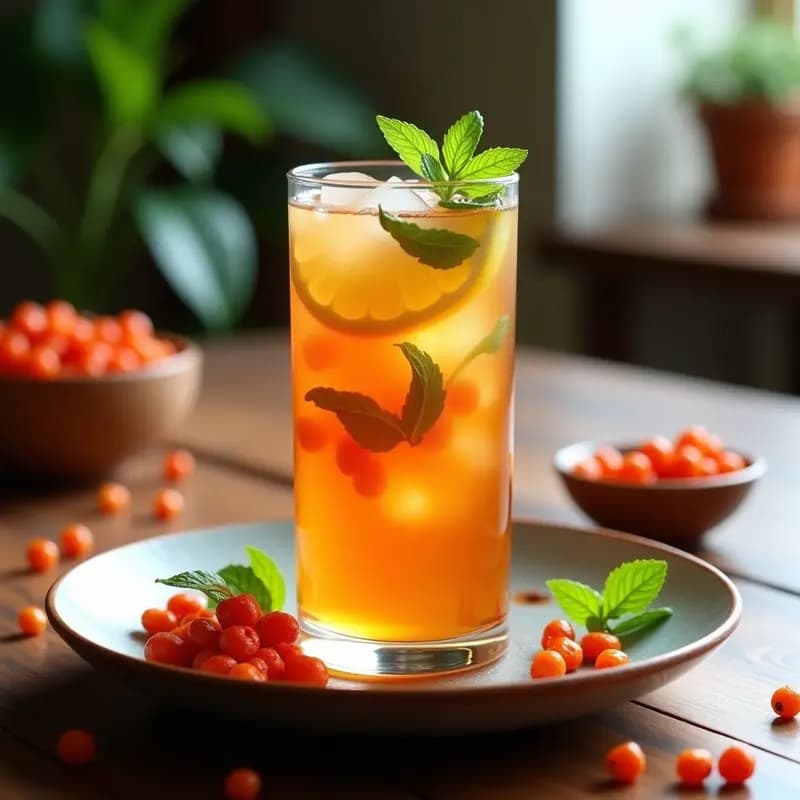 Vaso alto transparente con té helado de bayas de goji y menta, de color ámbar claro con hojas de menta fresca y rodaja de limón flotando, servido sobre una mesa de madera rústica con cubos de hielo brillantes y bayas de goji secas esparcidas.