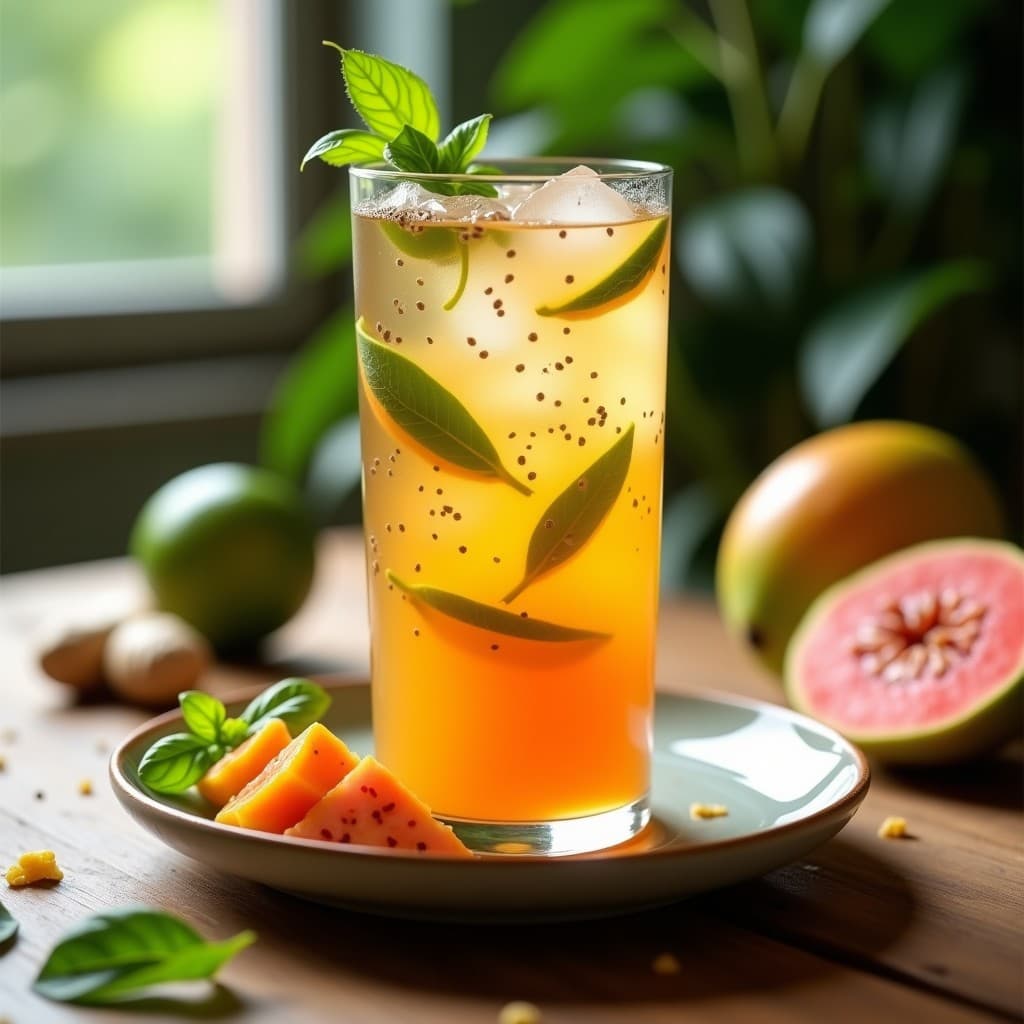 Vaso alto de cristal con té helado de guayaba y albahaca con jengibre, decorado con semillas de chía, hielo y una hoja de albahaca fresca, sobre un fondo de madera rústica con guayabas y jengibre al lado.