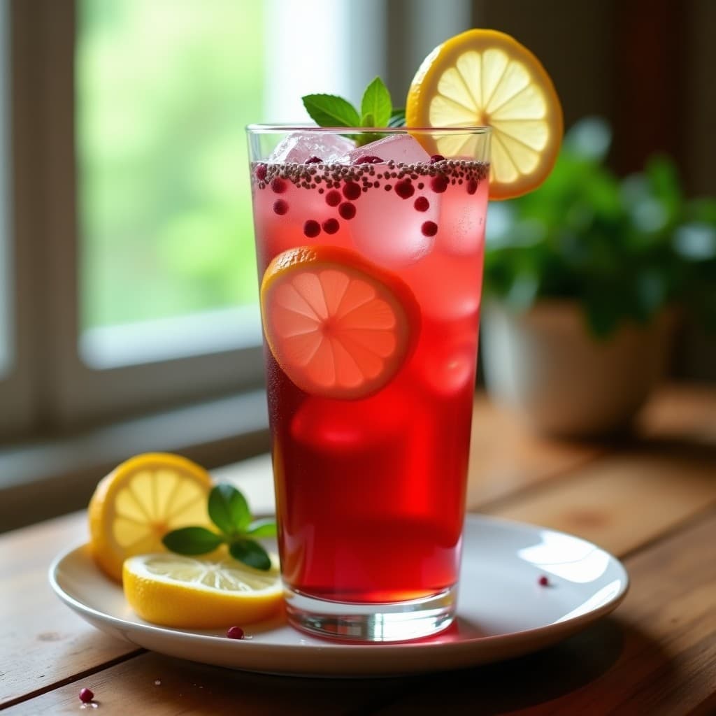 Vaso alto transparente con té helado de hibisco rojo intenso, semillas de chía negras en suspensión, rodajas de limón fresco y hielo, sobre fondo de madera rústica con flores de hibisco secas esparcidas.