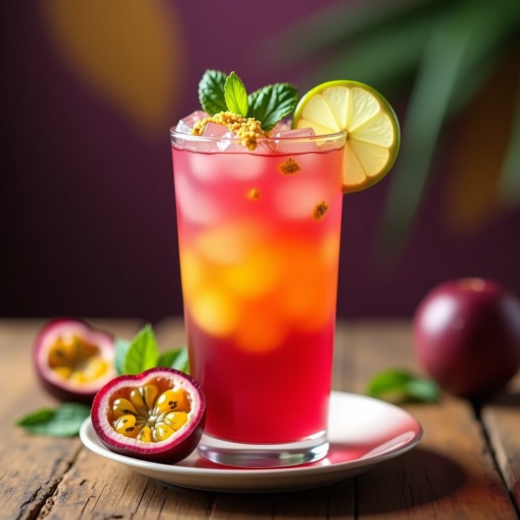 Vaso alto transparente con té helado de hibisco y maracuyá con toque de jengibre, decorado con rodajas de limón verde, hojas de menta fresca y jengibre rallado sobre hielo. Fondo borroso con tonos morados y amarillos vibrantes, destacando la bebida brasileña antioxidante y refrescante.