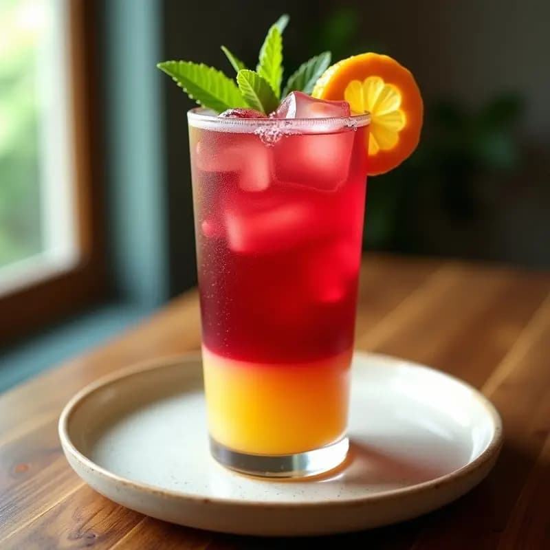 Vaso alto de cristal con Té Helado de Hibisco y Maracuyá con Edulcorante de Stevia, decorado con hojas de hierbabuena, rodajas de maracuyá y hielos transparentes, sobre una mesa rústica de madera con fondo de luz natural suave.