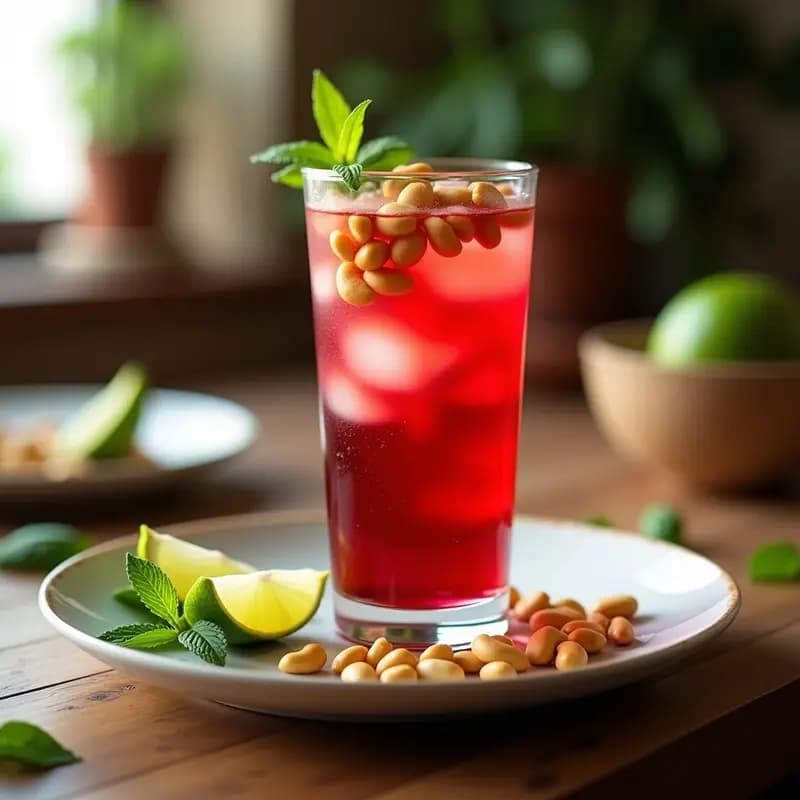 Vaso alto transparente con té helado de hibisco de color rojo intenso, trozos de marañón tostado flotando y rodajas de lima verde como decoración, sobre una mesa de madera rústica con hojas de menta al lado.