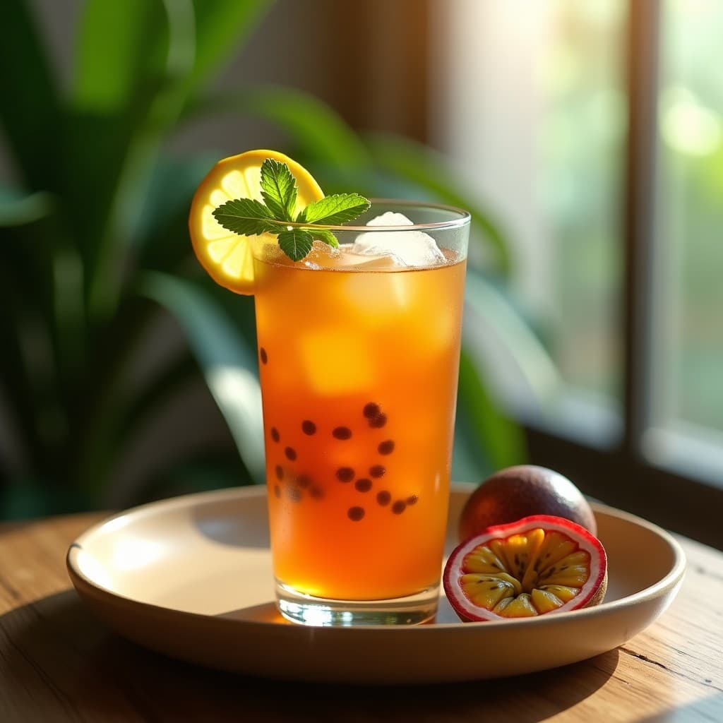 Vaso alto transparente con té helado de color ámbar oscuro, decorado con hojas de menta fresca y rodajas de limón, con cubitos de hielo y burbujas de maracuyá flotando. Fondo con elementos tropicales como hojas de palma y luz natural.