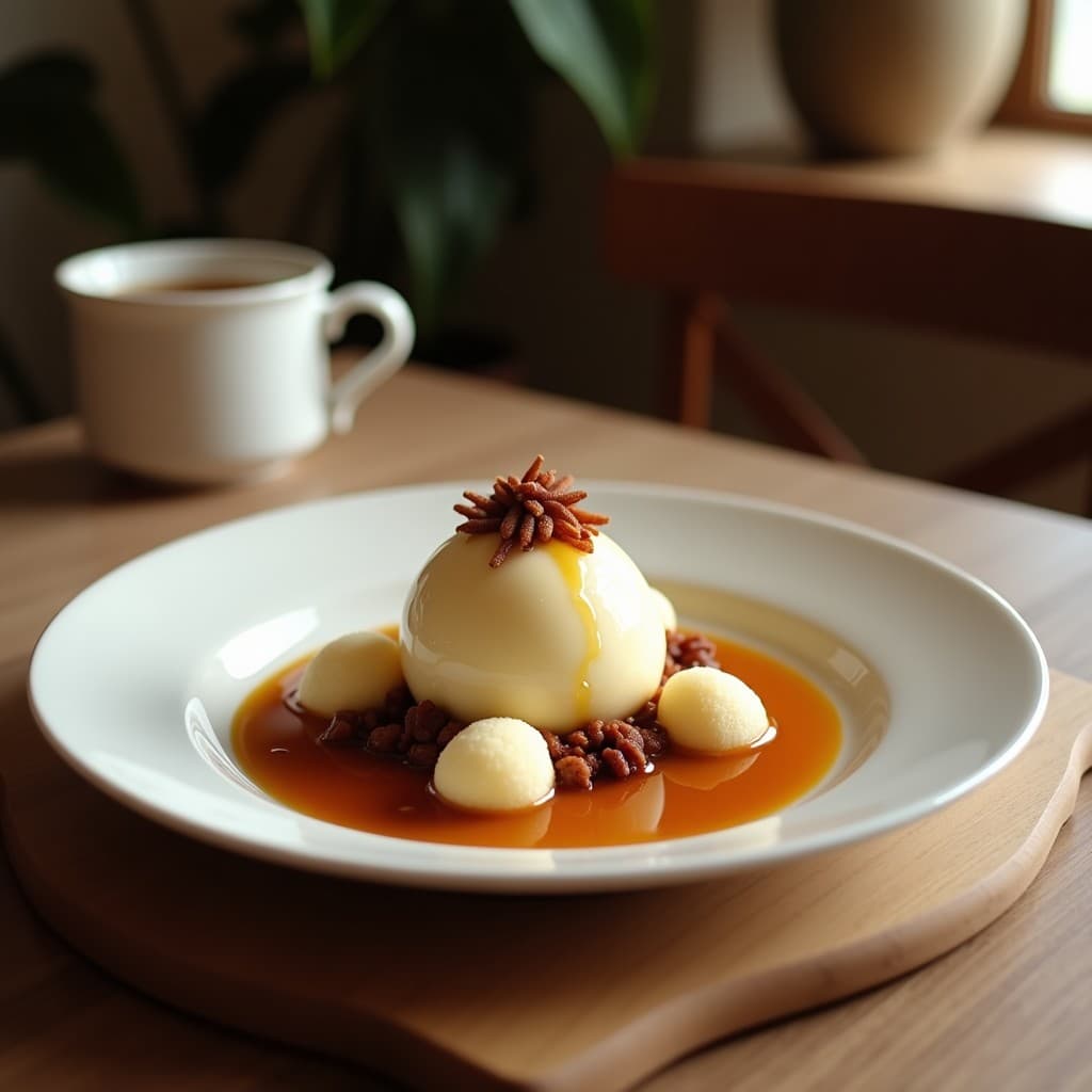 Vaso alto transparente con té helado de jazmín y lichi, burbujas de chía gelatinosas flotando, decorado con hojas de menta y una flor de jazmín comestible, fondo borroso de mesa rústica con luz natural.