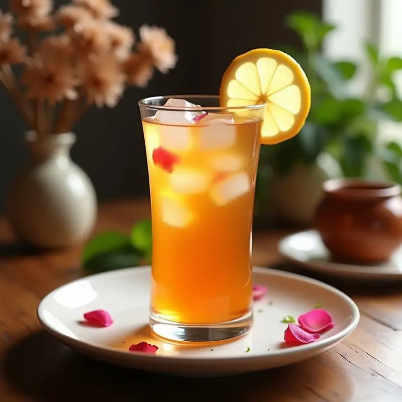 Vaso alto transparente con té helado de lotus y rosa mosqueta, decorado con pétalos de rosa comestibles y una rodaja de limón. La bebida tiene un color ámbar claro y está llena de cubitos de hielo. Fondo borroso con hierbas frescas y flores secas.