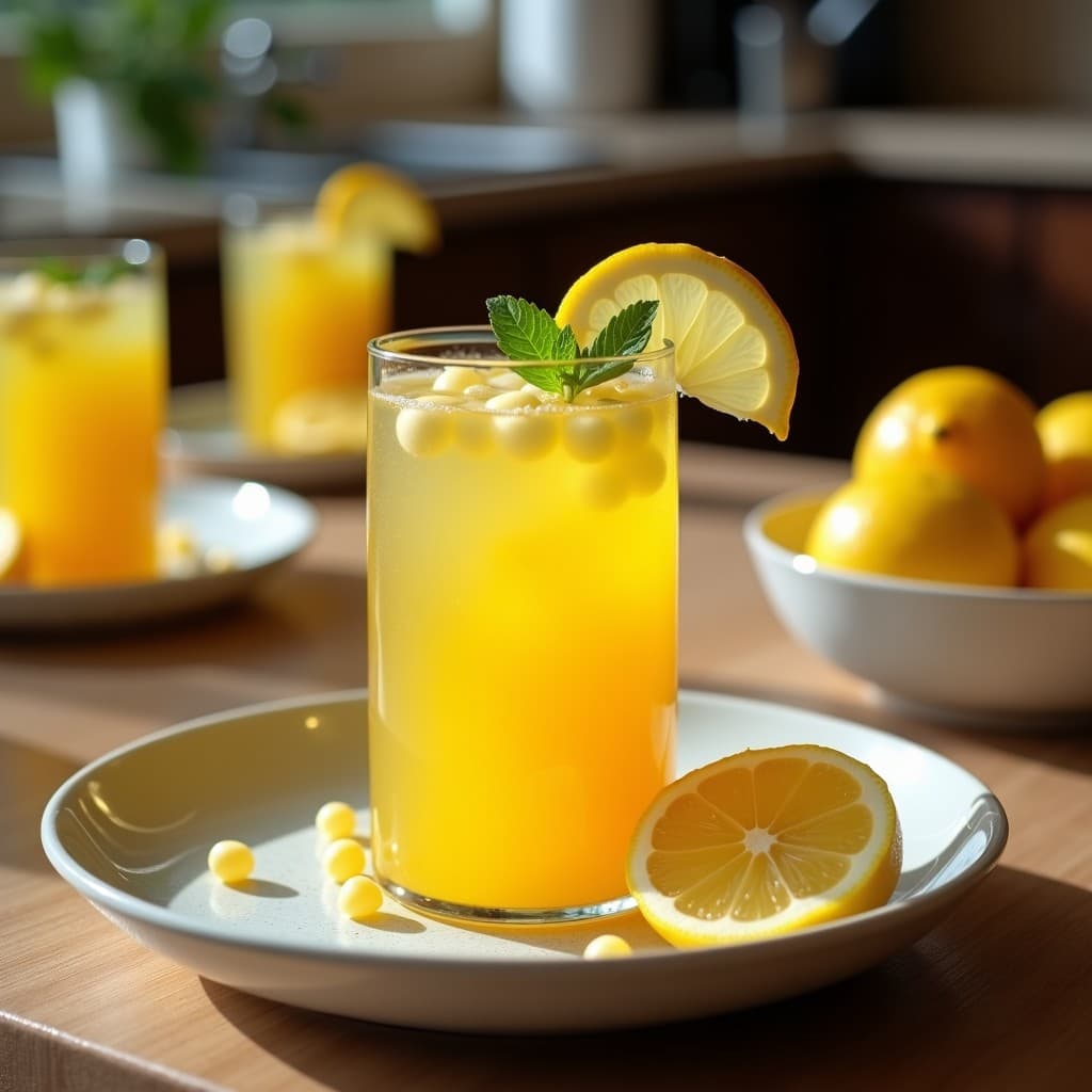 Vaso alto transparente con té helado de mango y hierba luisa, burbujas de limón visibles, decorado con trozos de mango fresco, rodaja de limón y hoja de menta, sobre fondo de madera rústica con luz natural.