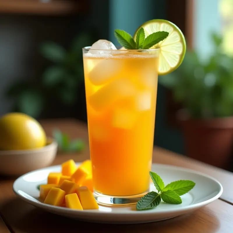 Vaso alto transparente con té helado de mango y jengibre, decorado con hojas de menta fresca y rodajas de lima, con hielos brillantes y un fondo de mango en cubos. Bebida tailandesa refrescante y colorida.