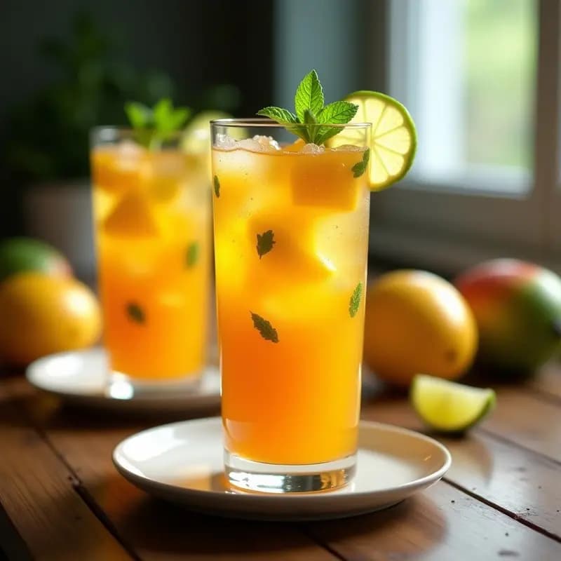 Vaso alto transparente con té helado de mango y lemongrass, burbujas de soda, trozos de mango fresco, rodaja de lima y hoja de menta. Fondos borrosos de más vasos y frutas tropicales sobre una mesa de madera rústica.