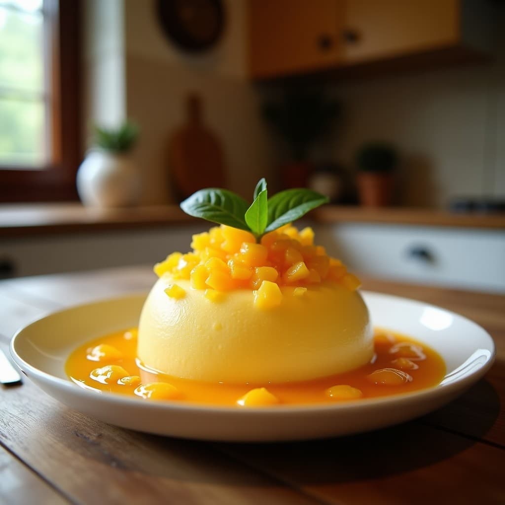 Vaso alto transparente con té helado de color ámbar intenso, llenos de cubitos de hielo y rodajas de naranja sanguina flotando. Pulpa de maracuyá visible en el fondo y hojas de menta fresca como decoración. Bebida detox vegana refrescante.