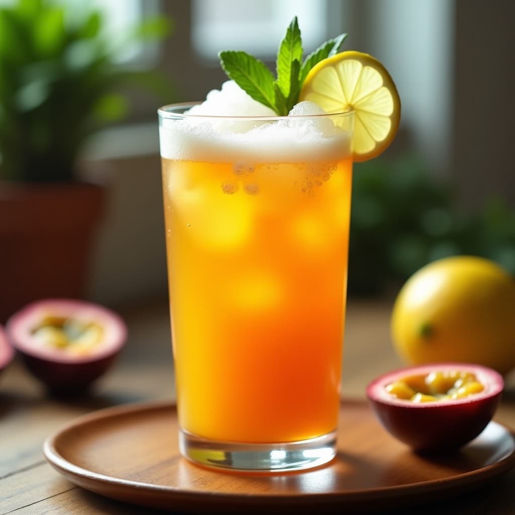Vaso alto transparente con té helado de maracuyá y menta, burbujas de jengibre visibles, hielo picado, rodaja de limón verde y hoja de menta como decoración, fondo borroso con tonos tropicales.